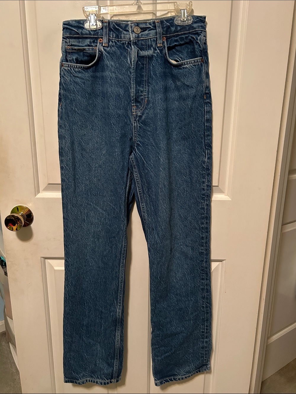 Reformation ladies Mid/Dark Blue Straight Jeans ultra high waisted size 26